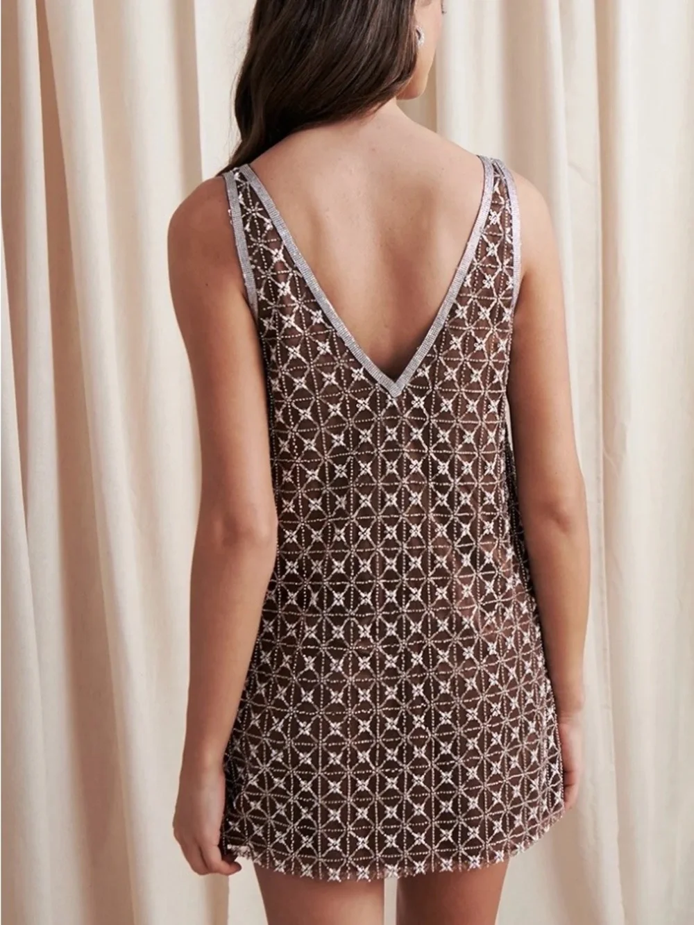 SAYLOR Brown Embroidered V‑Neck Chemise with Contrast Trim